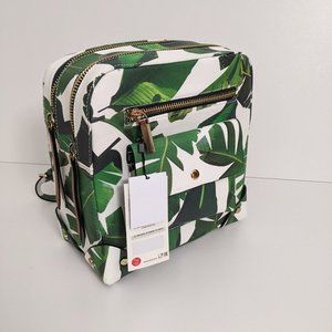 Zara Small Backpack, Square, white w/ palm leaves, large interior